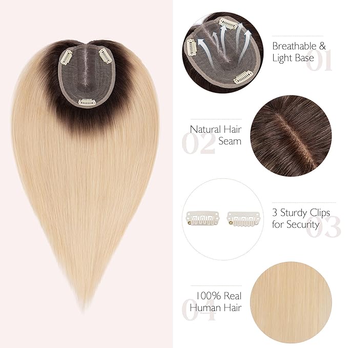 Hairro 100% Human Hair Topper No Bangs, Real Clip in Hair Hairpieces for Women, 3.94x4.72" Silk Base for Thinning Receding High Hairline, 10 Inch Natural Black to Blonde Middle Part