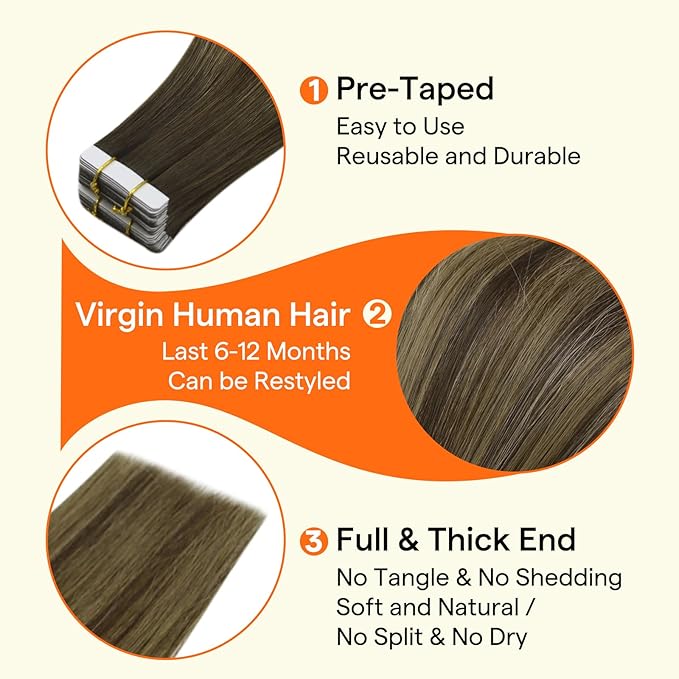 Full Shine Invisible Tape in Hair Extensions Human Hair Color 4/24/4 Medium Brown Fading to Blonde Highlight Double Sided Extensions Insert Virgin Tape in Extensions 25Grams 10Pcs 22Inch Daily Wear