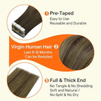 Full Shine Invisible Tape in Hair Extensions Human Hair Color 4/24/4 Medium Brown Fading to Blonde Highlight Double Sided Extensions Insert Virgin Tape in Extensions 25Grams 10Pcs 22Inch Daily Wear