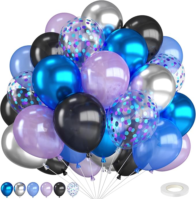 Outer Space Balloons, 12 Inch Metallic Black Purple Blue and Silver Confetti by FEYG