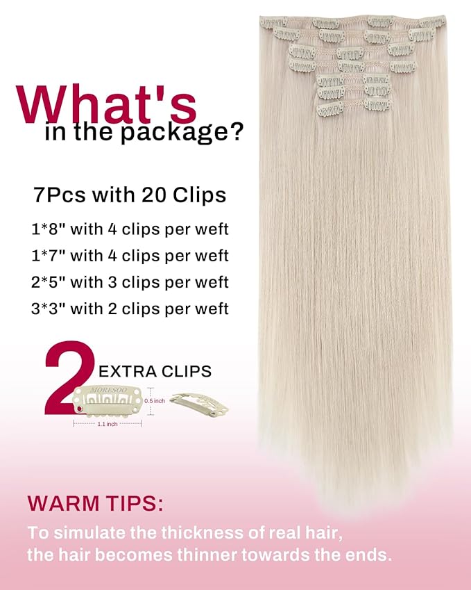 Moresoo Clip in Hair Extensions Real Human Hair Blonde Human Hair Extensions Clip ins Remy White Blonde Thick Straight 150g/7pcs 20 inch