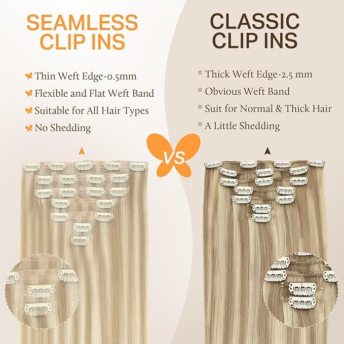 DOORES Clip in Human Hair Extensions, Dark Blonde Highlighted Bleach Blonde 110g 16 Inch 7pcs, Seamless Remy Hair Weft Invisi Edge Straight