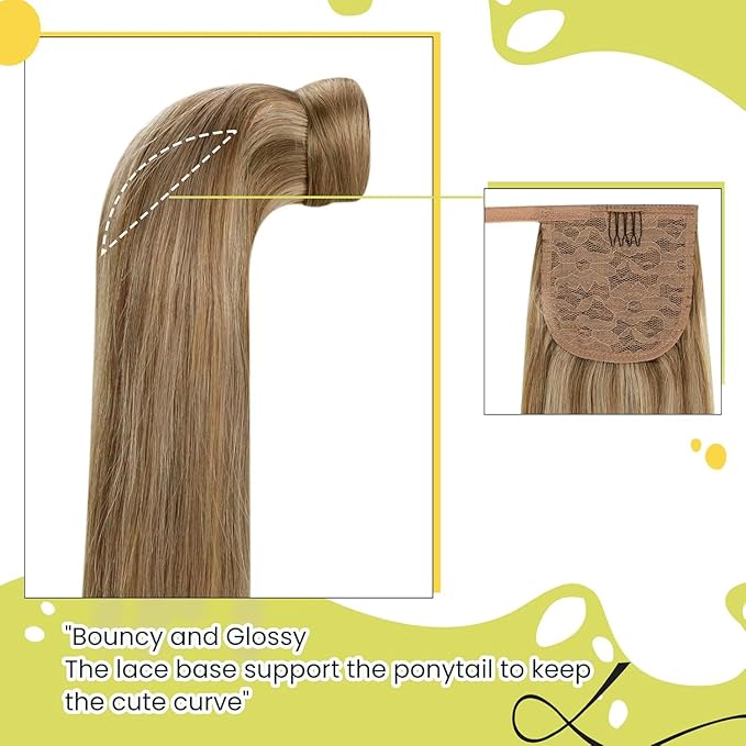 RUNATURE Hair Ponytail Extension Blonde Straight Human Hair Ponytail Extension 16 Inch Dark Blonde with Caramel Blonde Short Ponytail Human Hair Extension with Magic Paste Full Ends 80g