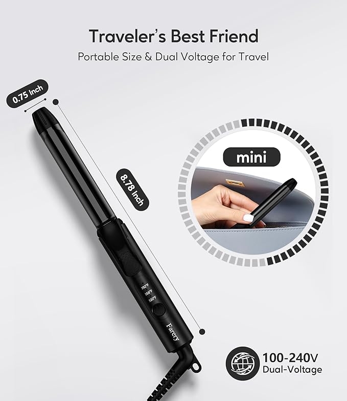 FARERY Mini Curling Iron Dual Voltage, 3/4 Inch Travel Curling Iron with 3 Adjustable Temp, Auto-Off, Ceramic Mini Hair Curler with Argan Oil &Keratin Infused, Travel Size Curling Wand with StorageBag