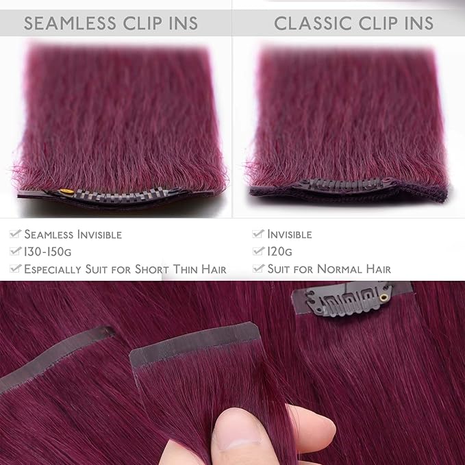 WENNALIFE Seamless Clip In Hair Extensions Human Hair, 18 Inch 130g 7pcs Light Burgundy Real Hair Extensions Clip in Human Hair Invisible PU Skin Weft Natural Remy Human Hair Extensions