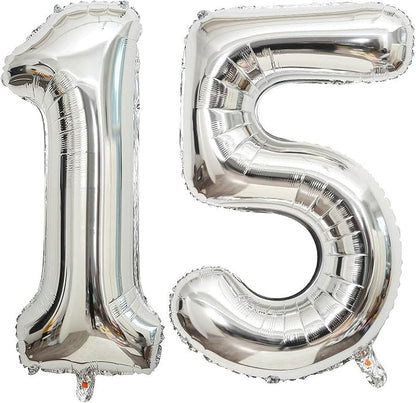40 Inch Silver 15 Number Balloons Giant 15 or 51 Balloons Silver Birthday 15 by LHOAVWE