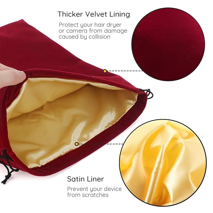 Segbeauty Blow Dryer Bag, Hair Dryer Storage Bag, 11.8x15.7 inches Satin Lined Storage Bags with Drawstring Wine Red Velvet Pouch Bag Travel Organizer for Diffuser, Straighteners, Clothes