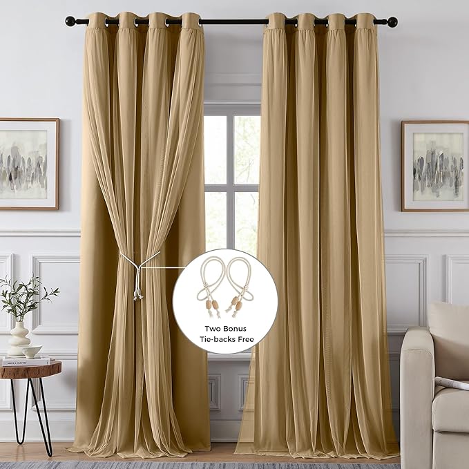 100% Blackout Curtains for Bedroom, Double Layer Khaki Curtains, Room Darkening - Image 2
