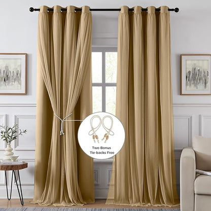 100% Blackout Curtains for Bedroom, Double Layer Khaki Curtains, Room Darkening - Image 2