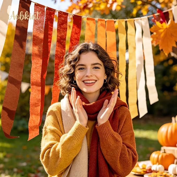 AOBKIAT Fall Thanksgiving Streamers Party Decorations, 5 Rolls | Orange Red - Image 3