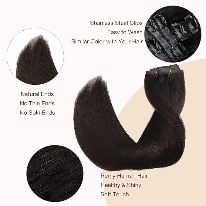 GOO GOO Clip in Hair Extensions Real Human Hair, Remy Human Hair Extensions Clip ins for Women, Natural Human Hair, 22inch 110g 7Pcs, 2 Dark Brown