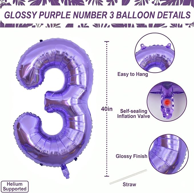 Purple Number 3 Balloon 40 Inch, Giant Lavender Mylar Foil Balloon - Image 4