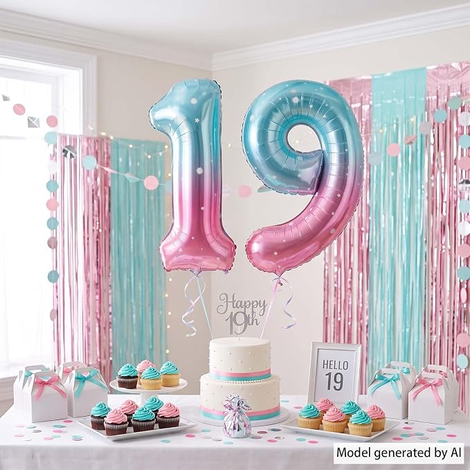 40 Inch Blue Pink Number 19 Balloon, Ombre Foil 19th Birthday Party Decor | - Image 6
