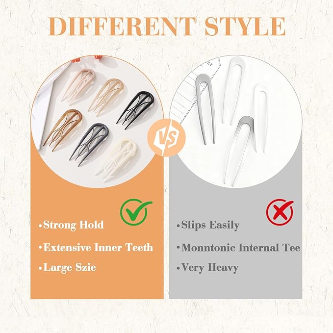 6 PCS French Hair Pins for Women - Large U-Shaped Hair Forks with Internal Teeth, Strong Hold for Thick & Thin Hair, Effortless French Twists, Updos, Buns & Chignons, Hairstyle Accessories