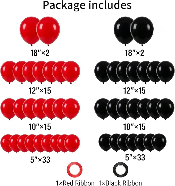 130pcs 18 12 10 5 Inch Matte Black and Red Latex Balloon Garland Arch Kit | - Image 2