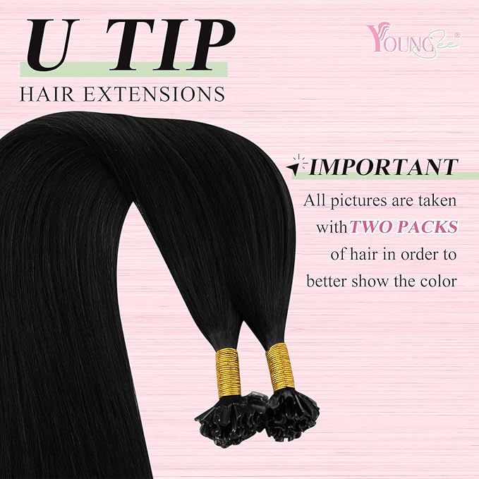 YoungSee Utip Hair Extensions Human Hair Black U Tip Hair Extensions Remy Hair Jet Black U Tip Hair Extension 14In K-Tips Hair Extension Real Human Hair for Women Style Enhancement 50s/50g