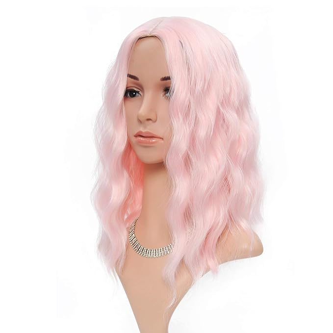 FAELBATY Light Pink Wigs For Women Curly Wavy Synthetic Women Girl's Wig Pure Pastel Cosplay Costume Halloween Wigs (14" Light Pink)