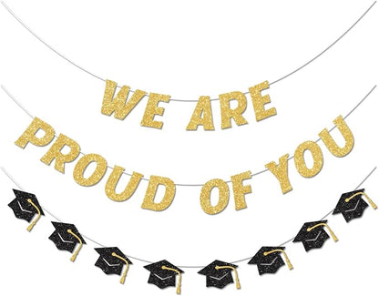 We Are So Proud of You Banner Pre-strung Black and Gold Graduation Decorations by Vofrise