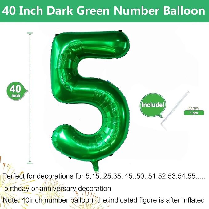 Green Number Balloons, 40 Inch Dark Green Balloon 5.5 Helium Balloon 5th - Image 2