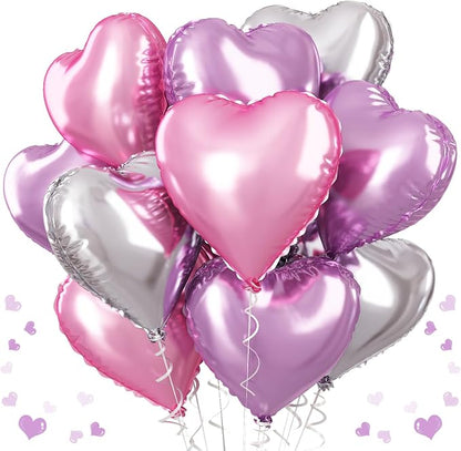 Pink Purple Foil Heart Balloons, 18 Inch 12Pcs Lavender Purple Pink and Silver by TAOYE