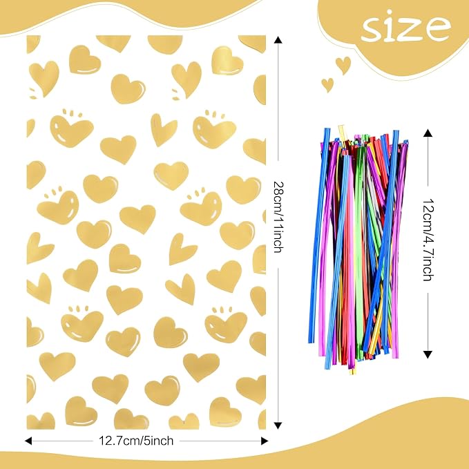 COQOFA 100Pcs 5X11IN Gold Heart Cello Cellophane Treat Bags - Image 2