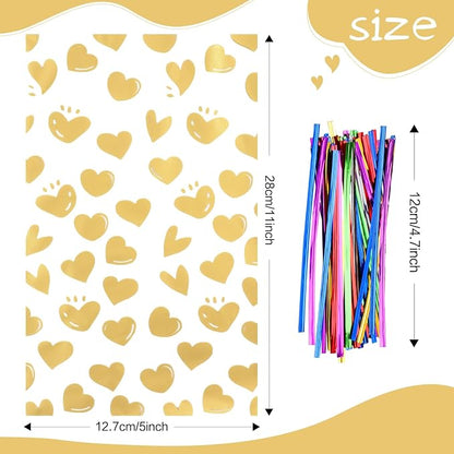 COQOFA 100Pcs 5X11IN Gold Heart Cello Cellophane Treat Bags - Image 2
