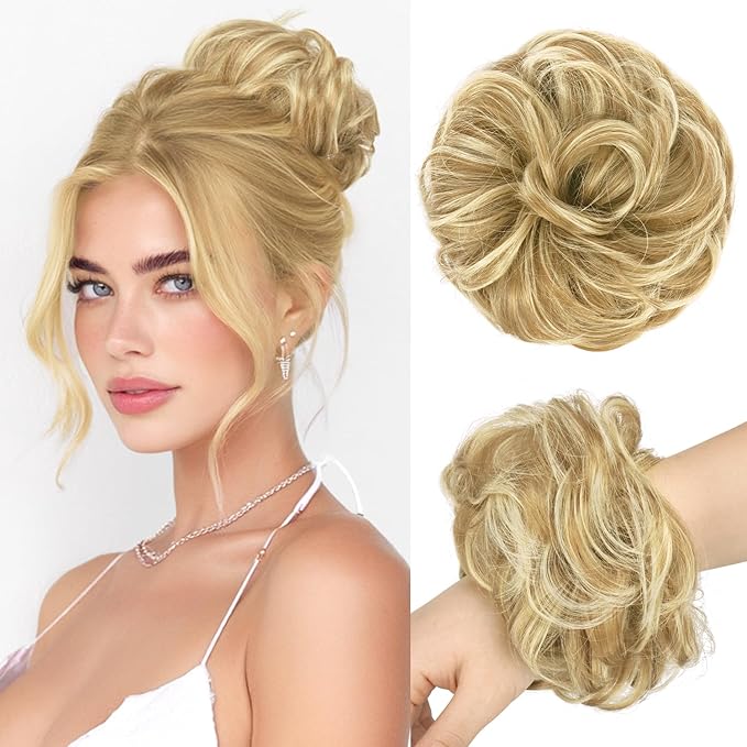 FESHFEN Messy Bun Hair Piece - Large Elastic Wavy Curly Hair Bun Scrunchies Ponytail Extensions Synthetic Chignon Hairpieces for Women, Sunny Blonde 1.94oz