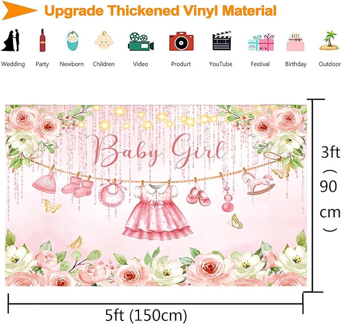 InMemory Baby Girl Baby Shower Backdrop Pink Floral Baby Shower Decorations - Image 5