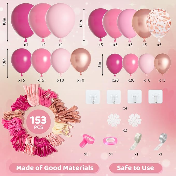 Amandir 153pcs Pink Balloon Garland Arch Kit Different Sizes | 18 12 10 5 inch - Image 2