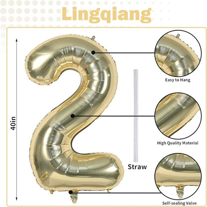 40 Inch Balloon Number 2 Champagne Gold, Large Foil Light Gold Number Balloons - Image 2