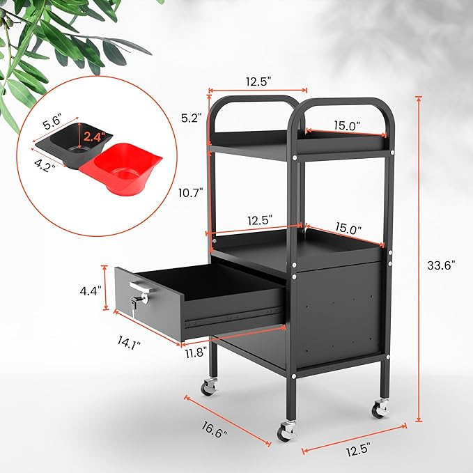 TASALON Metal Salon Trolley Cart with Wheels & Lockable Drawers – 4-Tier Hair Stylist Rolling Tray Cart, Barber & Esthetician Station Organizer, Beauty Salon Equipment & Spa Storage Cabinet