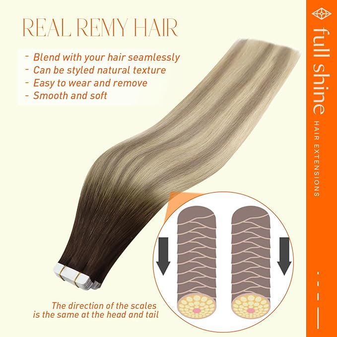 Full Shine Tape in Extensions Real Human Hair 14 Inch 20 Pcs 50 Gram Brown Fading to Ash Brown and Platinum Blonde Balayage Tape in Hair Extensions Skin Weft Hair Extensions Tape ins
