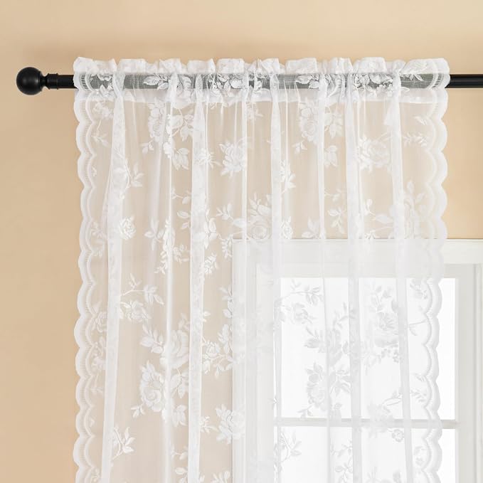 White Lace Curtains 108 Inches Long Victorian Sheer Floral Curtains - Image 3