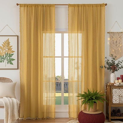 WAZZIO Boho Lace Curtains 84 Inches 2 Panel, Light Filtering Privacy Tassel & - Image 3