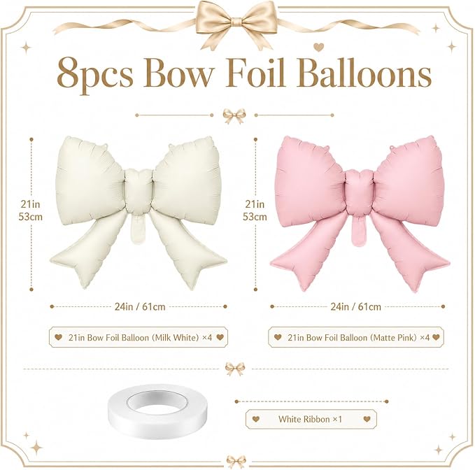 8Pcs Pink White Bow Foil Balloons, 21Inch Pink and White Bow Shaped Balloons - Image 2