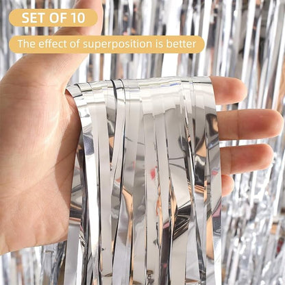 10 Pack Silver Foil Curtain Backdrop 3.2ft x 9.8ft Metallic Tinsel Foil Fringe - Image 2