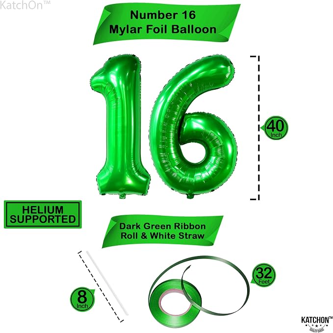 KatchOn Dark Green 16 Balloons Number 40 Inch | Green Number 16 Balloons - Image 4