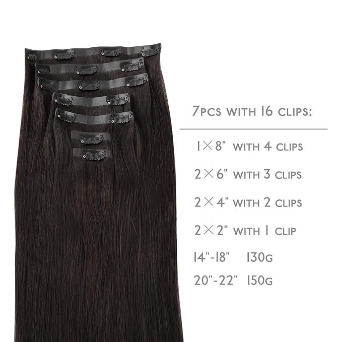 WENNALIFE Seamless Clip In Hair Extensions, 16 Inch 130g 7pcs Dark Brown Hair Extensions Clip in Human Hair Invisible PU Skin Weft Natural Remy Human Hair Extensions