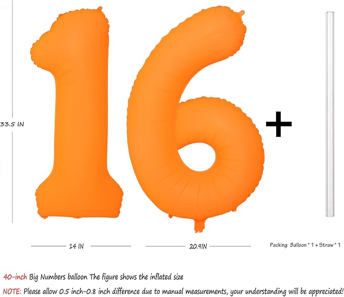 Orange Birthday Number 16 Balloon 40IN Fluorescent Orange 61 Balloon | - Image 2
