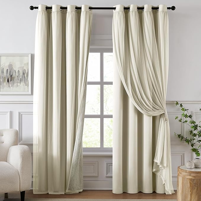 100% Blackout Curtains for Bedroom, Double Layer Beige Curtains, Room Darkening by Swandream