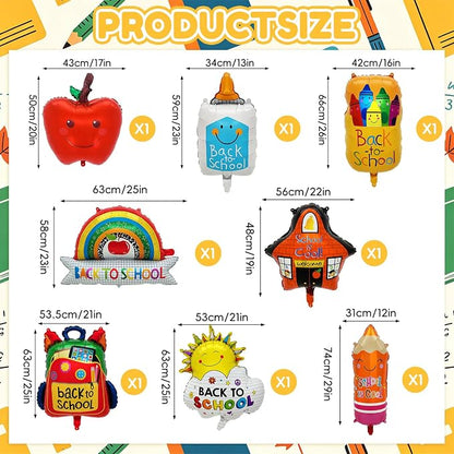 8PCS Back to School Balloons Set, Apple School Backpack Pencil Rainbow Crayon - Image 2