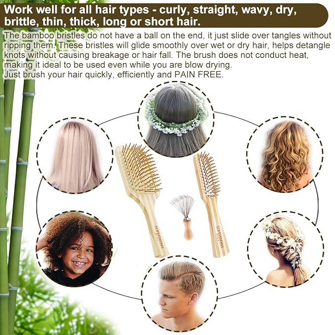 Hair Brush Set for Women & Men, Natural Bamboo Bristles Wet Dry Flat Paddle Detangling Bamboo Brushes Fit All Types Hair, Brush Cleaner Tool included - 3 Pack