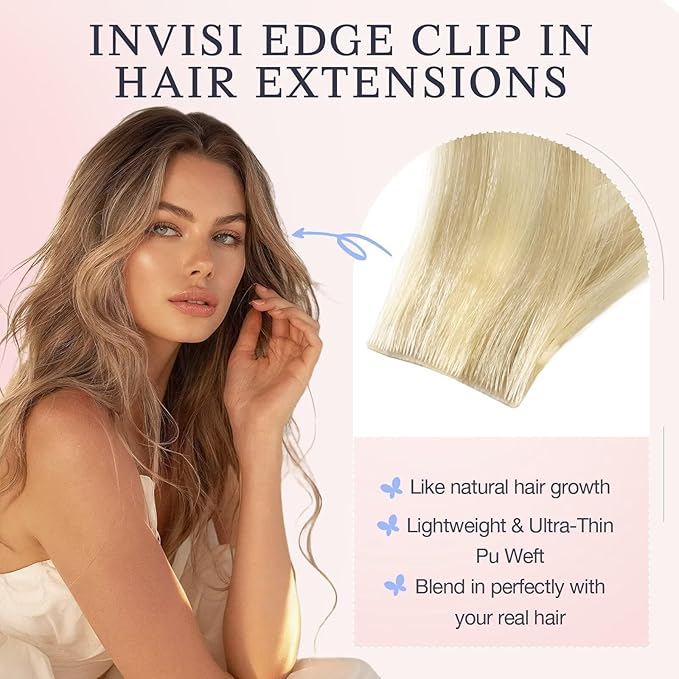 DOORES Clip in Hair Extensions Real Human Hair 22 inch 110g 7pcs Invisible Human Hair Extensions Clip ins, Injected Seamless PU Clipins Invisi Edge, P18D/22F Drity Blonde Highlight Golden Blonde