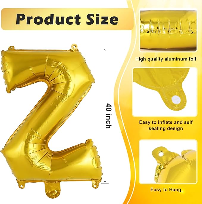 Gold Letter Z Balloons, 40 Inch Large Foil Letter Balloons, Custom Phrase - Image 2
