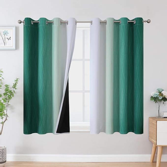 Green and Greyish White Blackout Curtains, Full Light Blocking Gradient Grommet by ESTELARTEXTILER