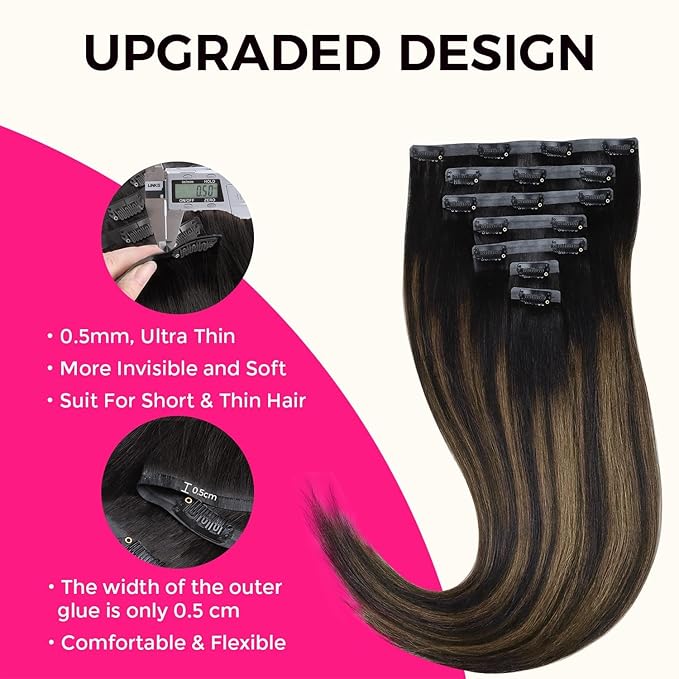 Lashey Hair Seamless Clip in Hair Extensions Human Hair 18 Inch 110g 7pcs Light Yaki Straight Human Hair Clip in Extensions Natural Black Mixed Chestnut Brown Hair Extensions for Women