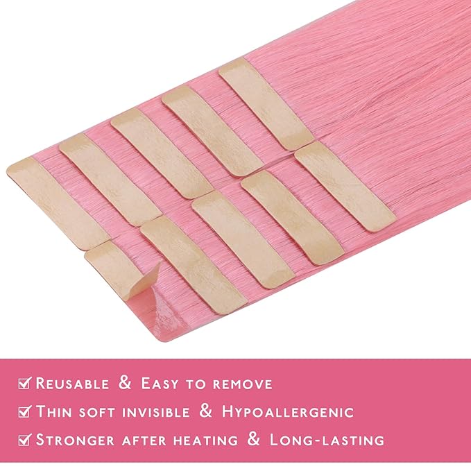 WENNALIFE Tape in Hair Extensions Human Hair Peach Pink Tape in Extensions, 10pcs 30g 22 inch Remy Invisible Tape Ins Straight Colored Soft Refill Set