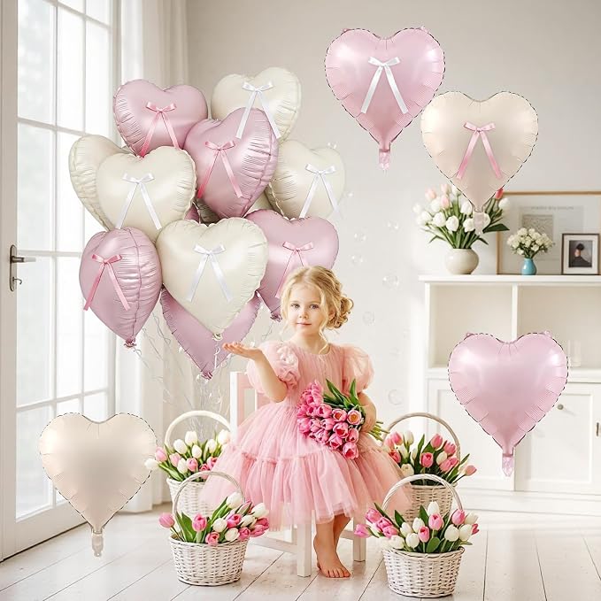 Pink White Heart Balloons with Ribbon Bow, 18In Pastel Nude Light Rosa Helium - Image 3