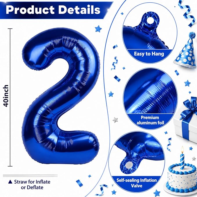 40 Inch Balloon Number 2 Navy Blue, Large Foil Dark Royal Blue Number Balloons - Image 2