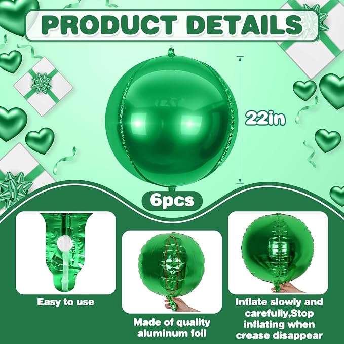 6Pcs Green Round Foil Balloons, Giant 4D Round Ball Balloons, 22 Inch Metallic - Image 2